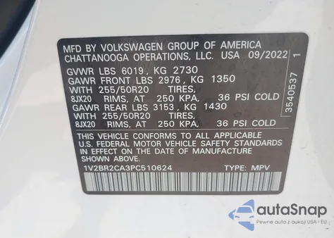2023 Volkswagen Atlas 3.6L V6 Sel из США, поврежденный, VIN 1V2BR2CA3PC510624